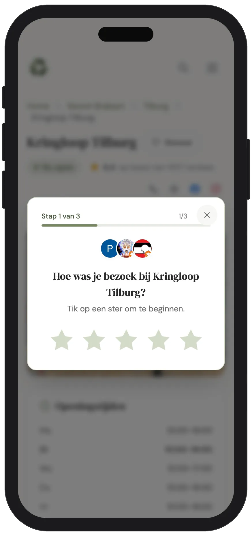 De eerste stap van het reviewformulier, met vijf sterren om op te tikken